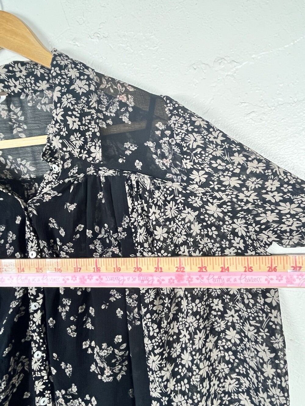 Free People Floral Sheer Bell Sleeve Button Front Boho Blouse Black Medium - Picture 8 of 11